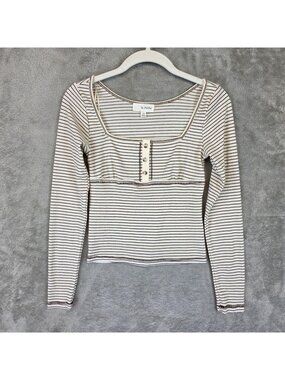 La Peche T-Shirt Womens XS White Striped Square Neck Long Sleeve Stretch Top